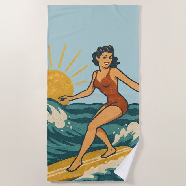 Retro California Pin-Up Surfer | Blue Surf Graphic Strandtuch (Vorderseite)