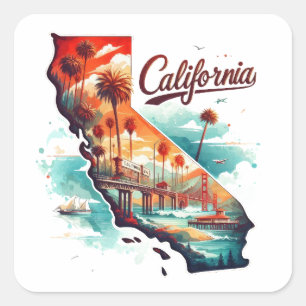 Retro California USA Map Travel Souvenir Quadratischer Aufkleber