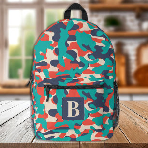 Retro Camouflage Aquamarin Orange Blue Personalize Bedruckter Rucksack