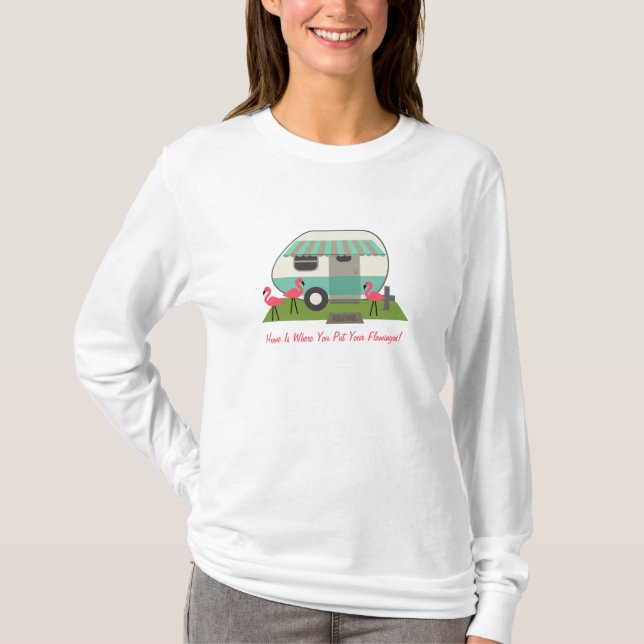 Retro Camper/Anhänger u. rosa Flamingos T-Shirt (Vorderseite)