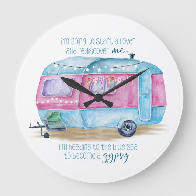 Retro Camper Caravan Blue | Rosa und weiße Ampulle Große Wanduhr (Vorderseite)
