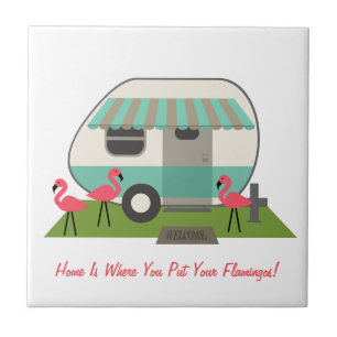 Retro Camper mit Flamingos Fliese