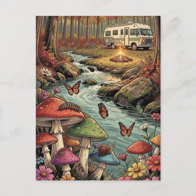 Retro-Camper, Pilze, Bach und Blumen Postkarte (Vorderseite)