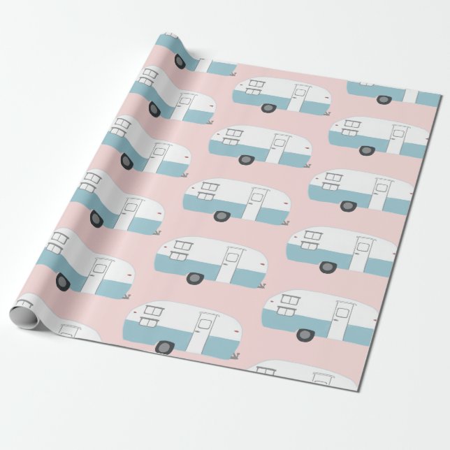 Retro Camper Trailer Pink Packpapier (Ungerollt)