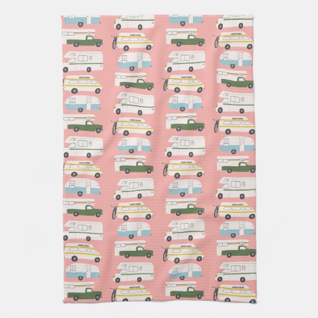 Retro Camper Wohnmobil RV Vanlife Pink Geschirrtuch (Vertikal)