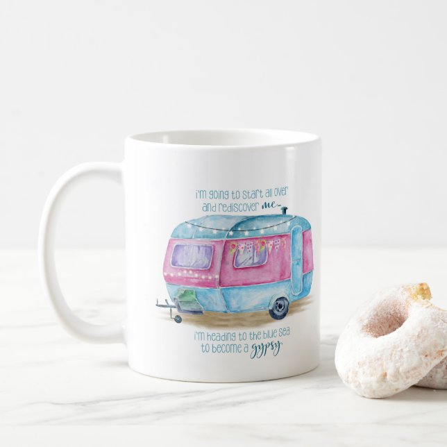 Retro Camper-Wohnwagen-Blau | rosa u. weißes Kaffeetasse (Mit Donut)