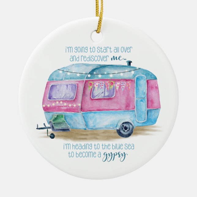 Retro Camper-Wohnwagen-Blau | rosa u. weißes Keramik Ornament (Vorne)