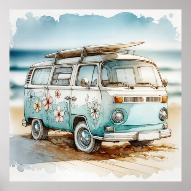 Retro Campervan mit Hippie-Blume und Surfboard Poster (Vorne)