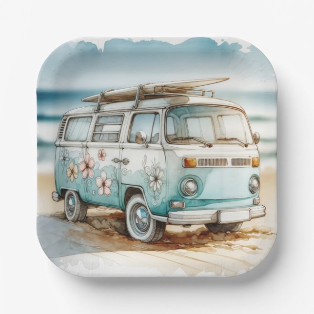 Retro-Campervan mit Surfbrett Pappteller (Vorderseite)