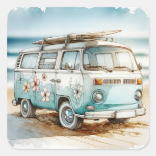 Retro-Campervan mit Surfbrett Quadratischer Aufkleber