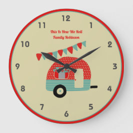 Retro Campervan Red Turquoise Shabby Chic Große Wanduhr