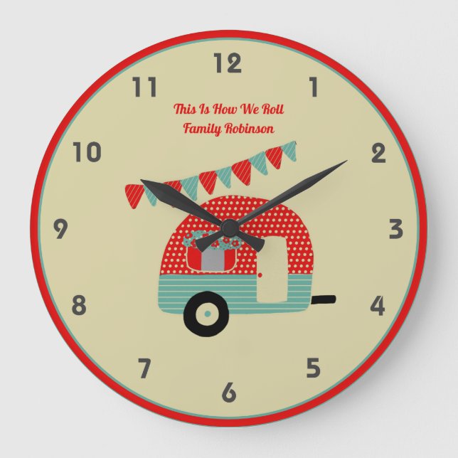 Retro Campervan Red Turquoise Shabby Chic Große Wanduhr (Vorderseite)
