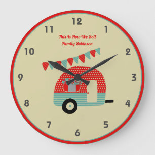 Retro-Campervan Rot Türkis Shabby Chic Große Wanduhr