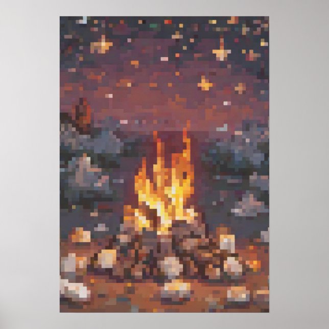 Retro-Camping-Pixel-Art-Design - Glühendes Lagerfe Poster (Vorne)