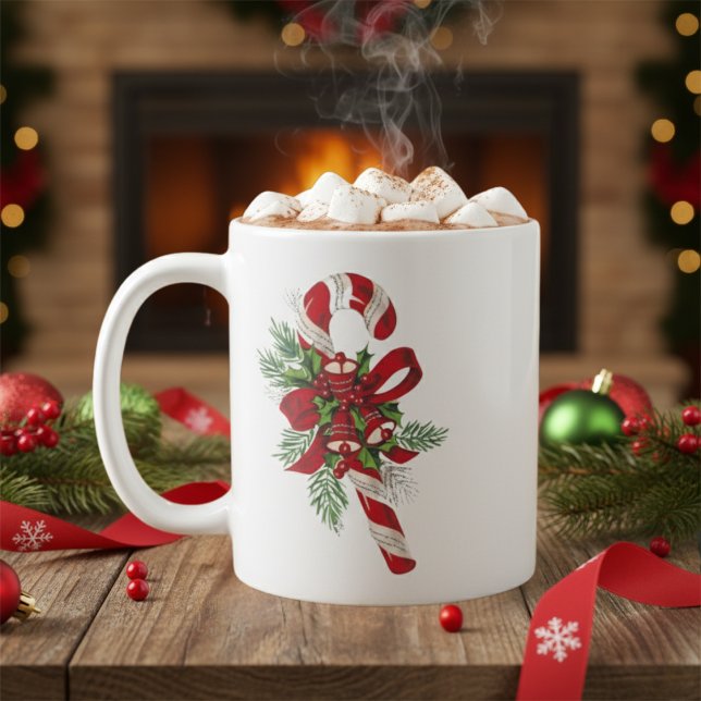 Retro Candy Cane mit Glocken und Bow Weihnachten Kaffeetasse (Retro Candy Cane with Bells and Bow Christmas Coffee Mug)