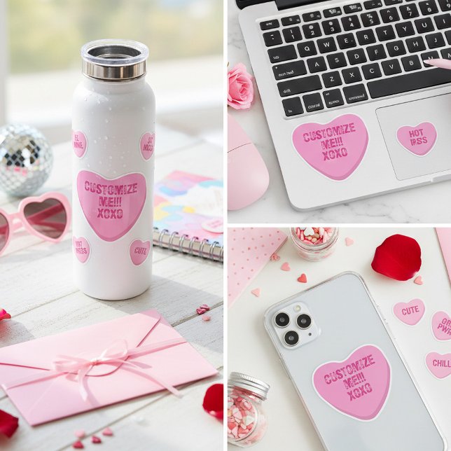 Retro Candy Heart Personalized Custom Pink Vinyl Aufkleber (A custom pink candy heart vinyl sticker  for your Valentine or Galentine conversation heart)