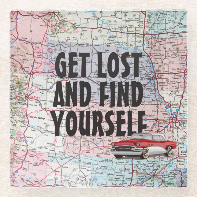 Retro Car auf der Roadmap Glasuntersetzer (Vorderseite)