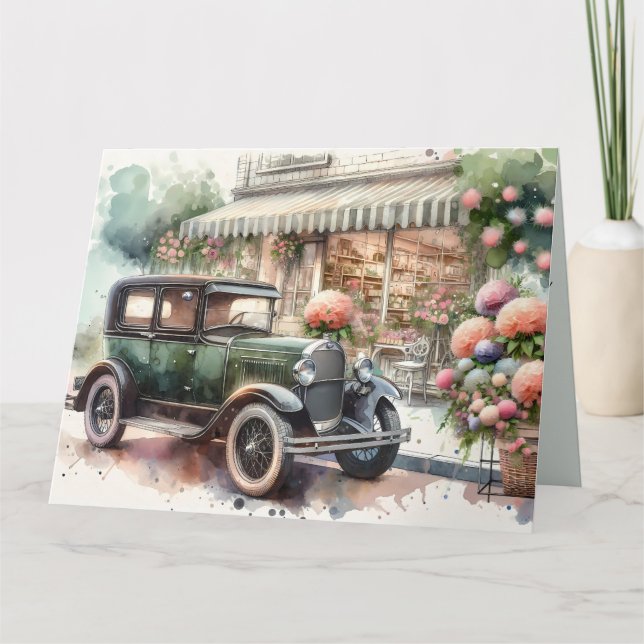 Retro Car & Blooming Boutique Scene Karte (Vorderseite)