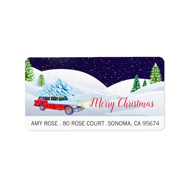 Retro Car frohe Weihnachten im Schnee Adressaufkleber (Vorne)