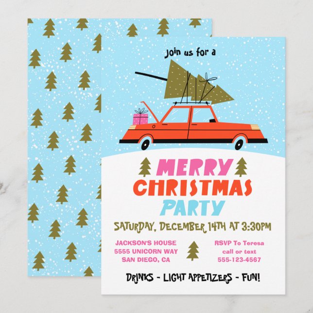 Retro Car und Baum Weihnachtsfest Party Einladung (Vorne/Hinten)