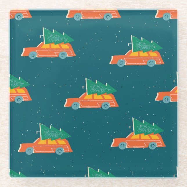 Retro Car Weihnachtsbaum Muster Glasuntersetzer (Vorderseite)