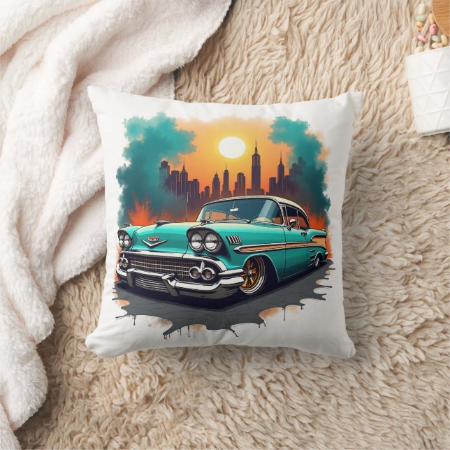 Retro Car with Urban Skyline Accent Cushion Kissen (Decke)