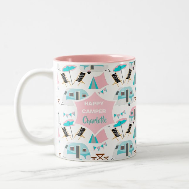 Retro Caravan Camping Niedlich Personalisiert  Zweifarbige Tasse (Links)
