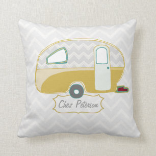 Retro Caravan Mustard Green und Grau Zickzack Kissen