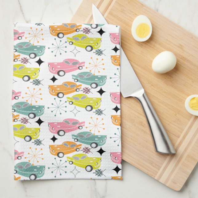 Retro Cars Atomic Sternexplosion Moderne Mitte Jah Geschirrtuch (Viertel Falte)