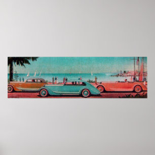 RETRO CARS, blau-grün, rosa Poster