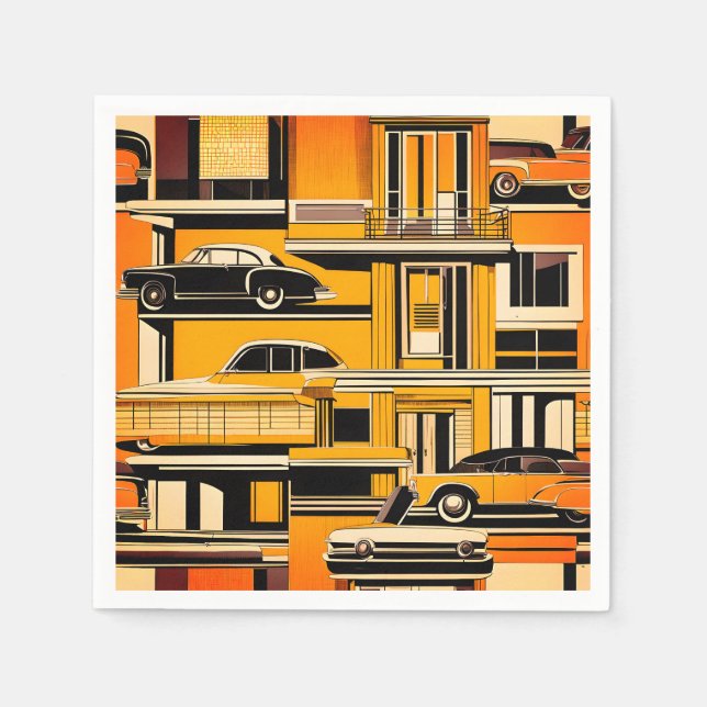 Retro Cars Geometric Mustard Mid Century Serviette (Vorderseite)
