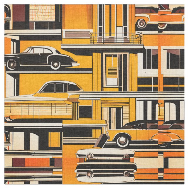 Retro Cars Geometric Mustard Mid Century Stoff (Nahaufnahme)