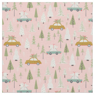 Retro Cars Pink Weihnachtsbaumen Stoff