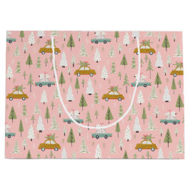 Retro Cars Pink Weihnachtswald Bäume Wald Große Geschenktüte