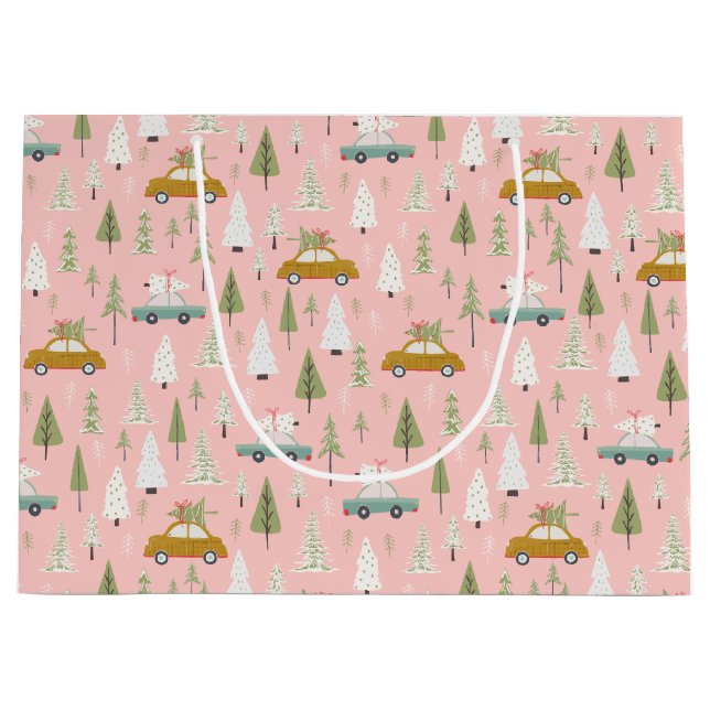 Retro Cars Pink Weihnachtswald Bäume Wald Große Geschenktüte (Vorderseite)