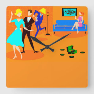Retro Cartoon Cocktail Party Wall Clock Quadratische Wanduhr