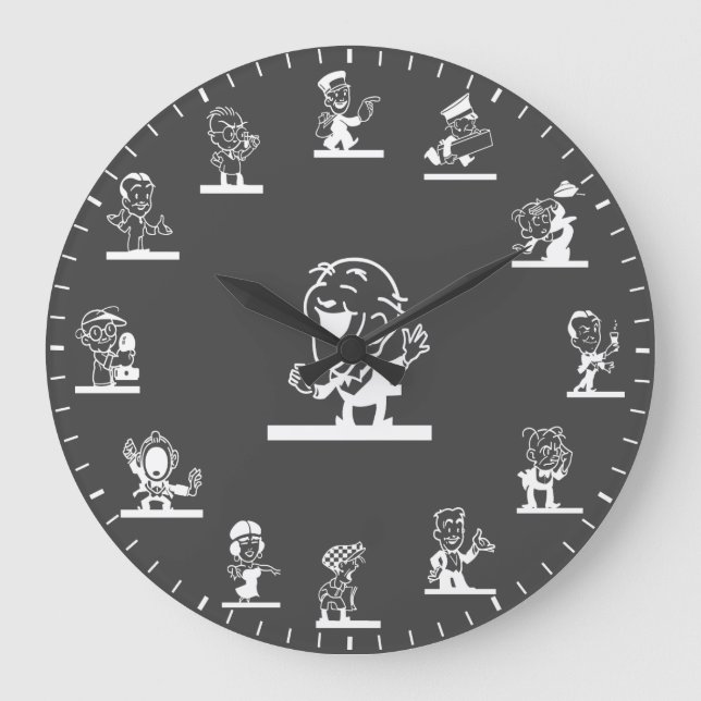 Retro Cartoon People Themed White Large Clock Große Wanduhr (Vorderseite)