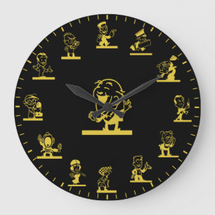 Retro-Cartoon-Personen-Themen-Großuhr aus Gold Große Wanduhr