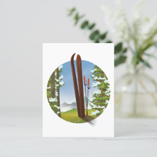 Retro-Cartoon-Ski-Reise-Logo Postkarte