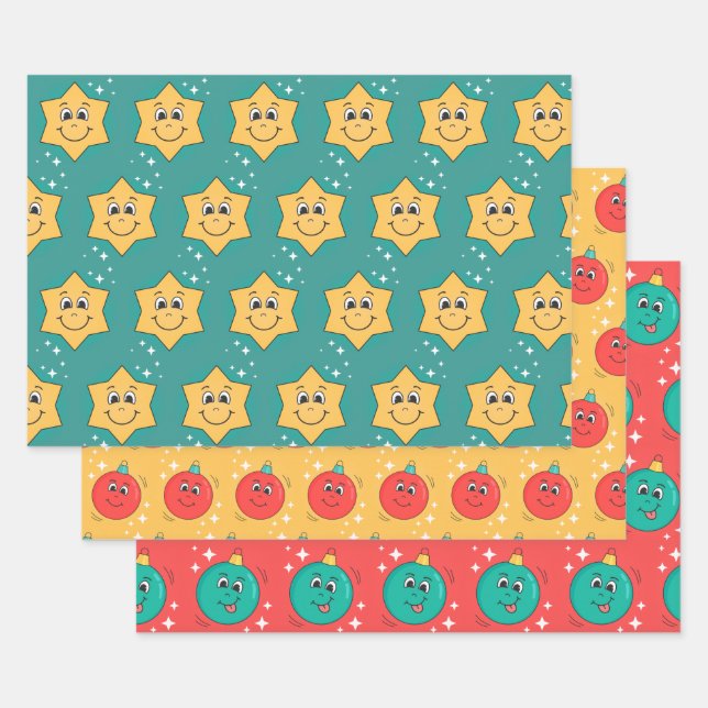 Retro Cartoon Smiley-Charaktere xmas Design Geschenkpapier Set (Set)