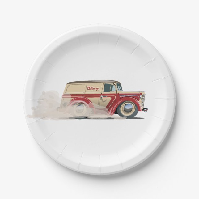 Retro-Cartoons-Lieferwagen Pappteller (Vorderseite)