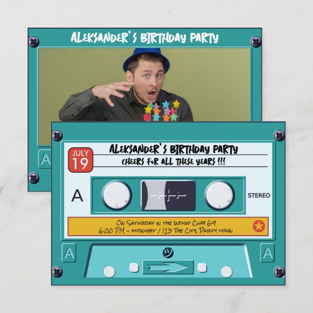 Retro Cassette Tape Geburtstagsaufruf Einladung (Vorne/Hinten)