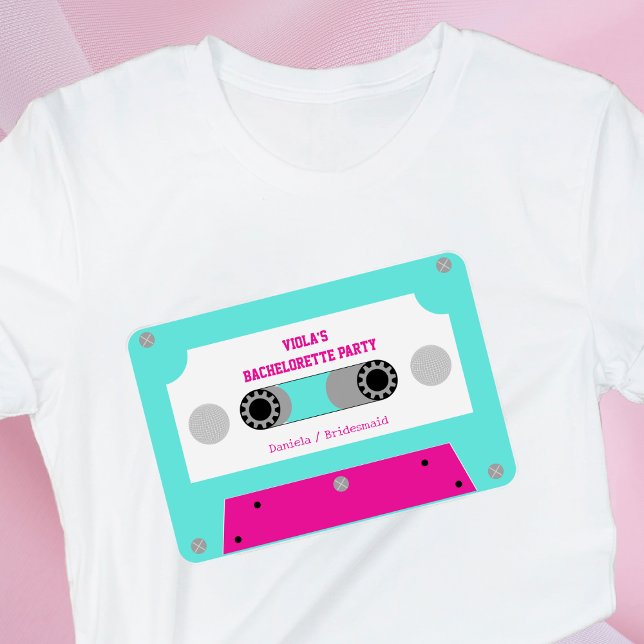 Retro Cassette Tape Pink & Turquoise Bachelorette T-Shirt (last disco cassette tape bachelorette party shirt retro pink and turquoise silver disco ball)