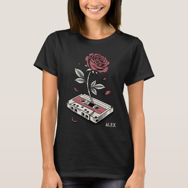 Retro Cassette Tape Rose Personalized Name  T-Shirt (Vorderseite)