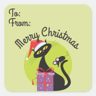 Retro Cat and Mouse Christmas Geschenk Tag Quadratischer Aufkleber