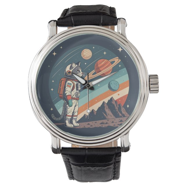 Retro Cat Astronaut Cosmic Space Illustration Armbanduhr (Vorderseite)
