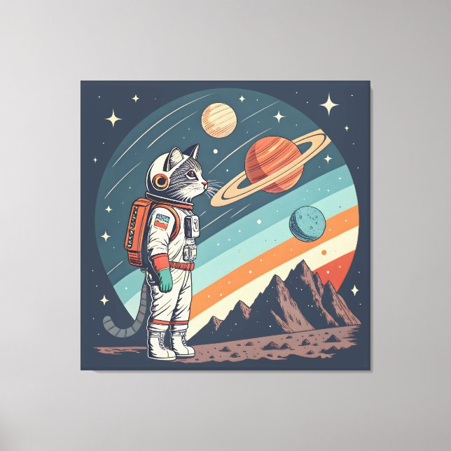 Retro Cat Astronaut Cosmic Space Illustration Leinwanddruck (Vorderseite)
