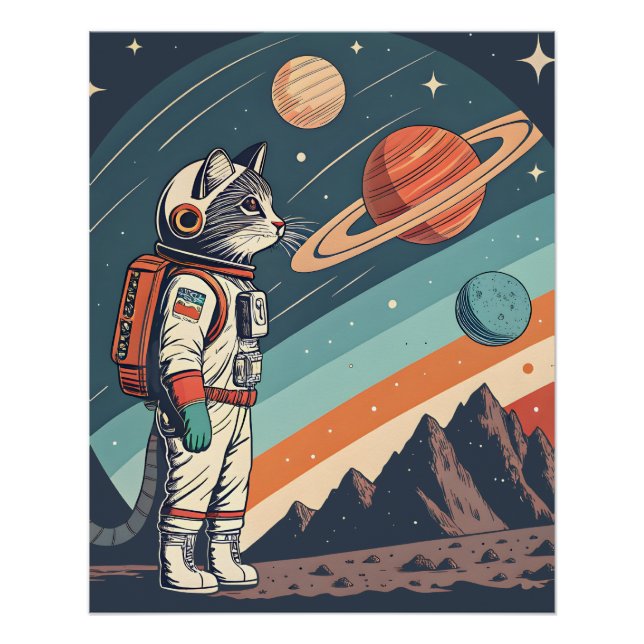 Retro Cat Astronaut Cosmic Space Illustration Poster (Vorderseite)