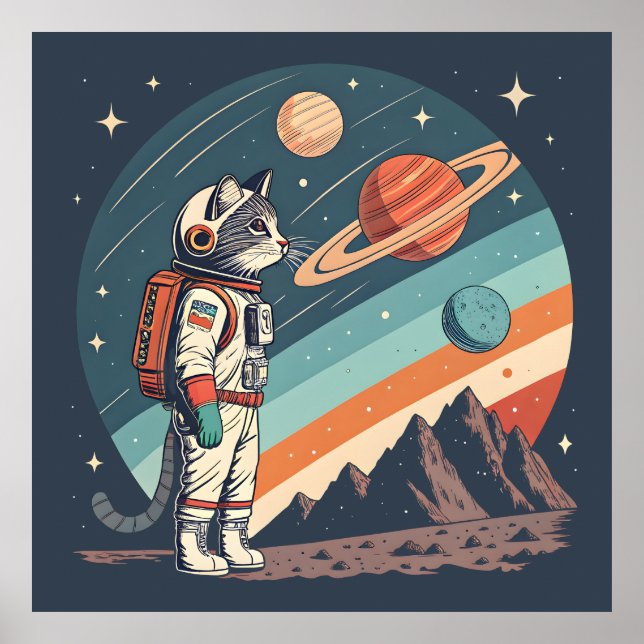 Retro Cat Astronaut Cosmic Space Illustration Poster (Vorne)