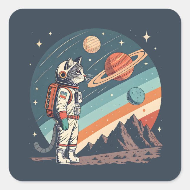 Retro Cat Astronaut Cosmic Space Illustration Quadratischer Aufkleber (Vorderseite)